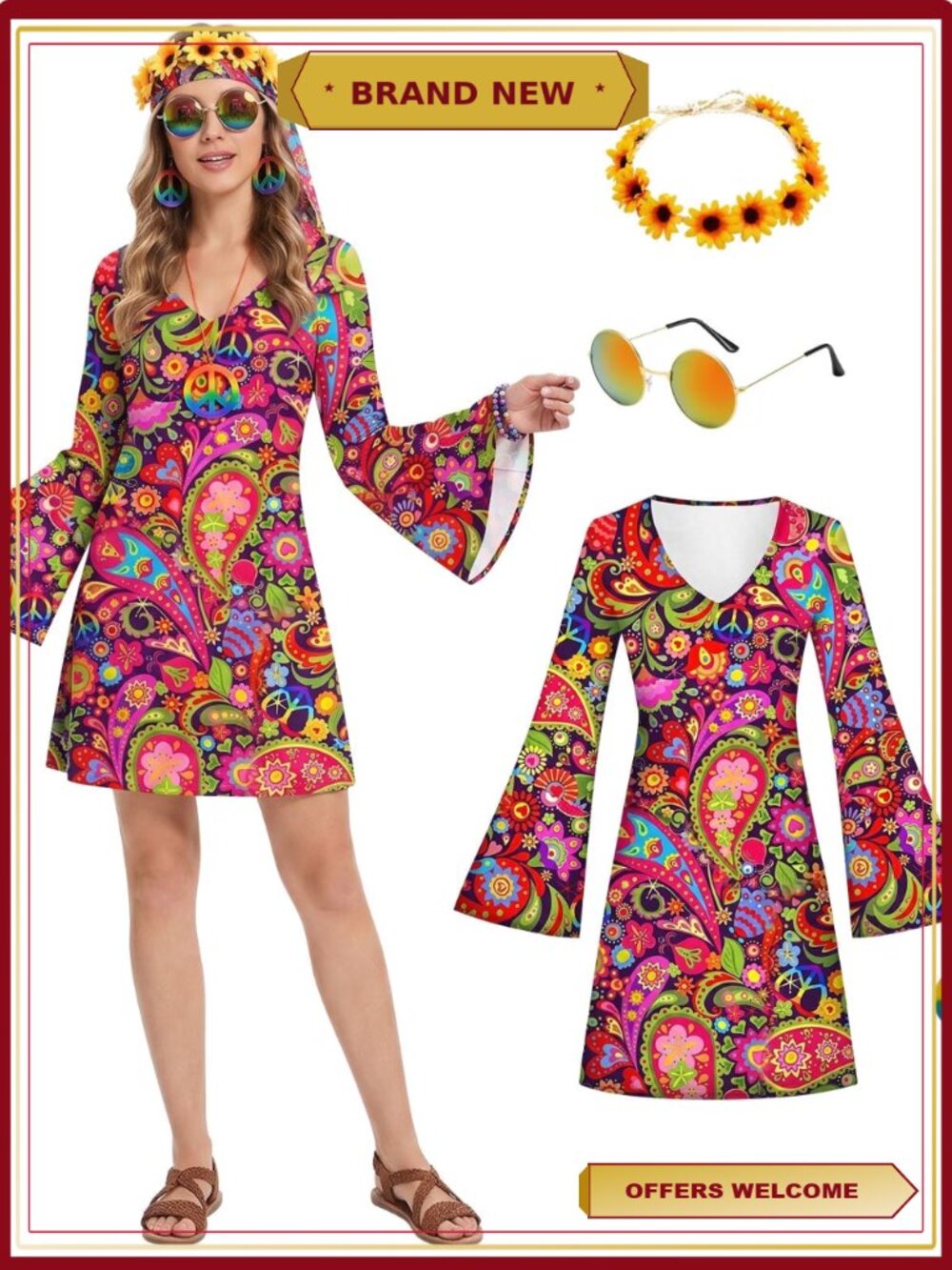 Hippie Costume Set for Women 60s 70s Fancy Dress with Accessories Halloween